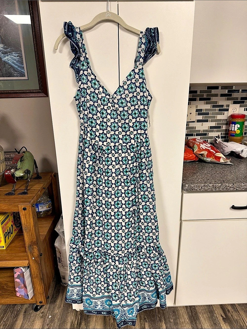 Lucky Brand Ruffle Strap Tiered Maxi Dress Blue & White Small